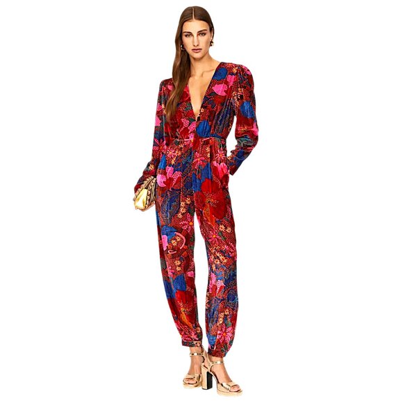 Farm Rio floral multicolour velvet boho hippie jumpsuit W S NWT - Picture 3 of 15